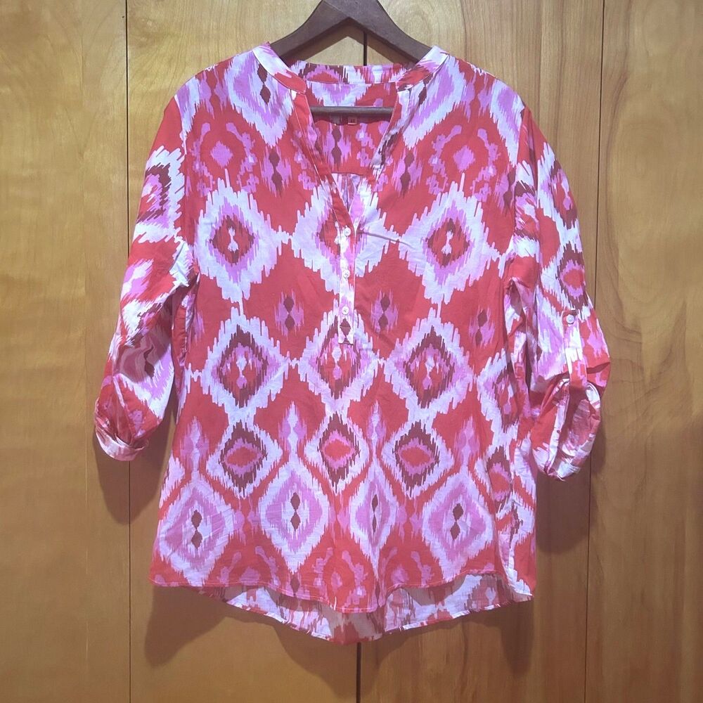 Vilagallo Womens Ikat‎ Popover Blouse-Sz 48-US 16-Multicolor-Beach-Mature-Artsy